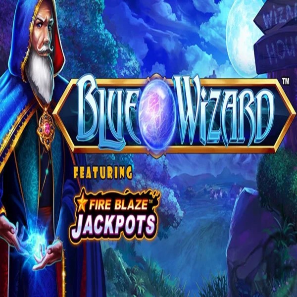 Blue Wizard Fire Blaze Jackpots online game logo by Rarestone Gaming on spinnational.com